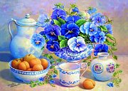 The still life with flowers and fruit