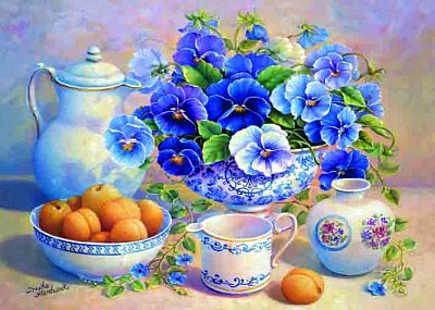 The still life with flowers and fruit
